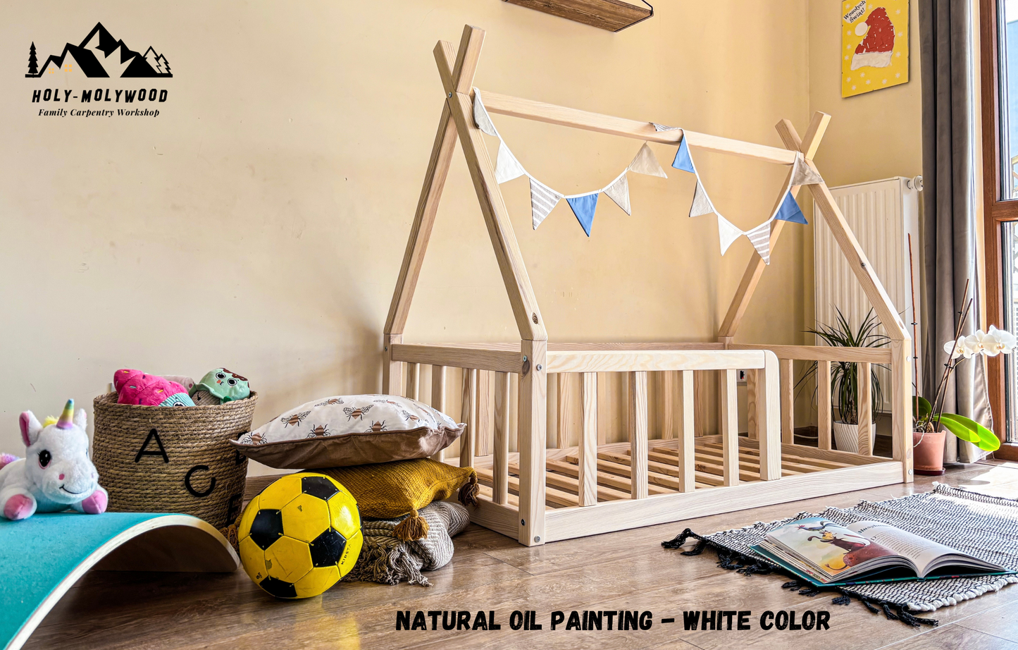 Montessori Teepee Toddler Bed – Wooden Floor Bed with Slats, Low Kids Bed Frame