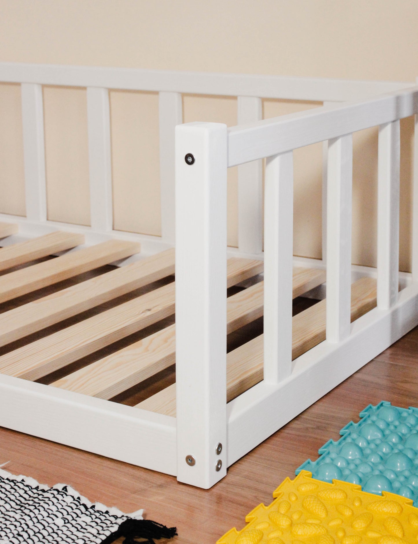 Snow White Montessori floor toddler Platform bed frame with slats, rails. Children's bed with railing, furniture