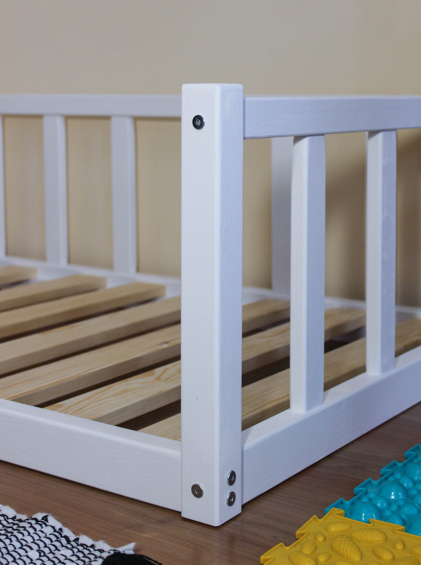 Snow White Montessori floor toddler Platform bed frame with slats, rails. Children's bed with railing, furniture