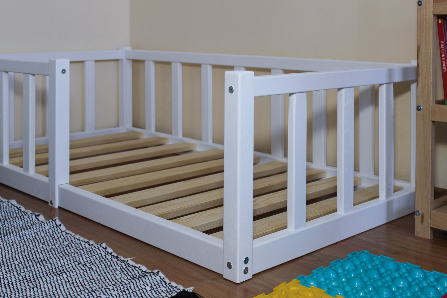 Snow White Montessori floor toddler Platform bed frame with slats, rails. Children's bed with railing, furniture