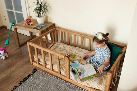 Platform Montessori floor toddler Bed frame with ROUND CORNERS Oak oil color