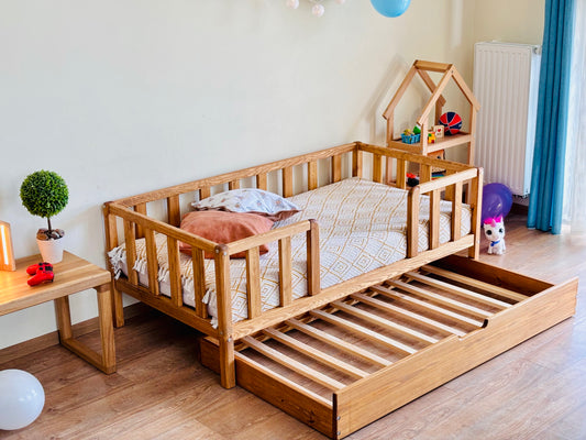 Nursery Platform Montessori floor toddler Bed frame with ROUND CORNERS drawer pull-out shelf slats rails furniture bodenbett Kinderbett