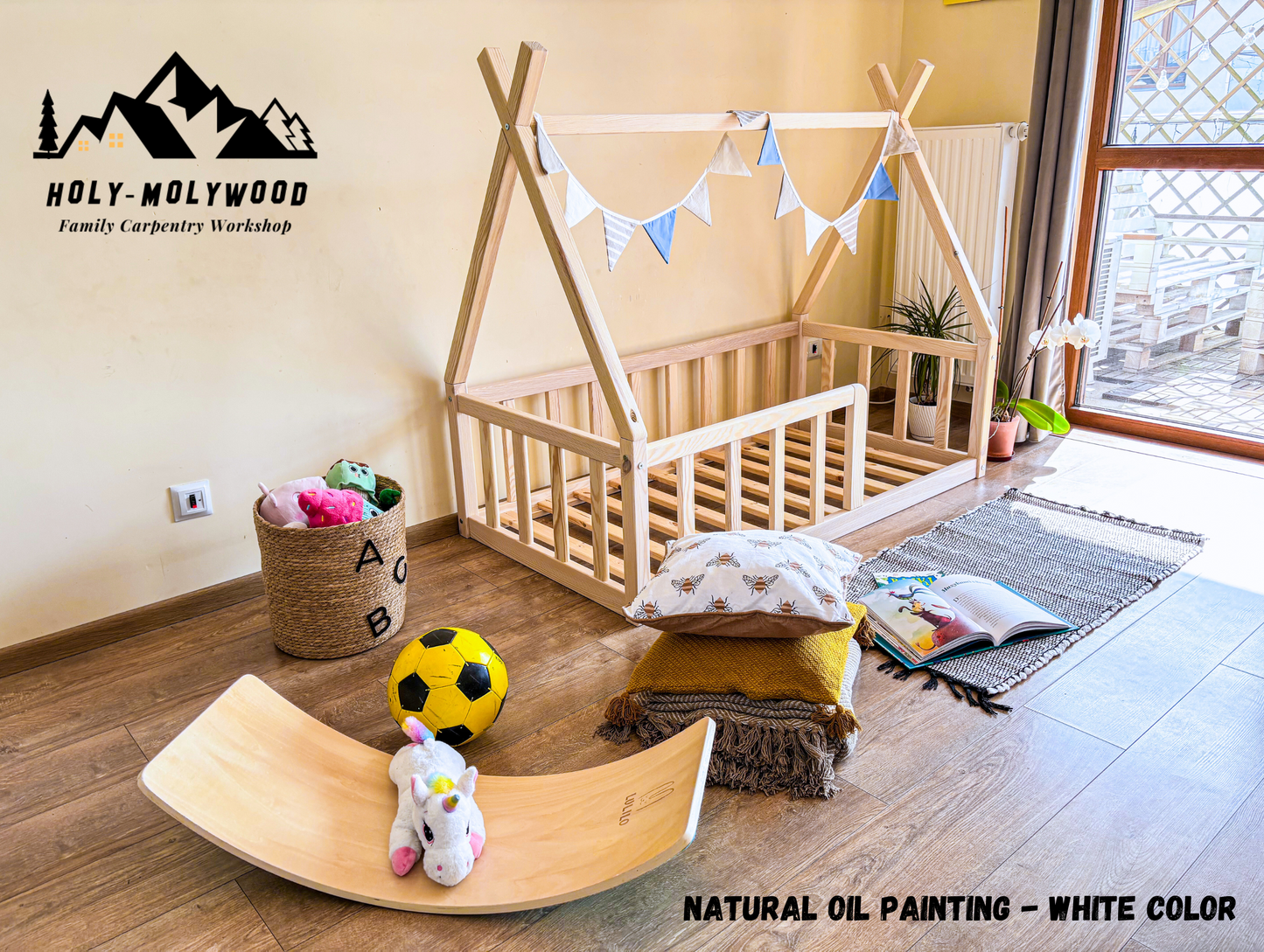 Montessori Teepee Toddler Bed – Wooden Floor Bed with Slats, Low Kids Bed Frame
