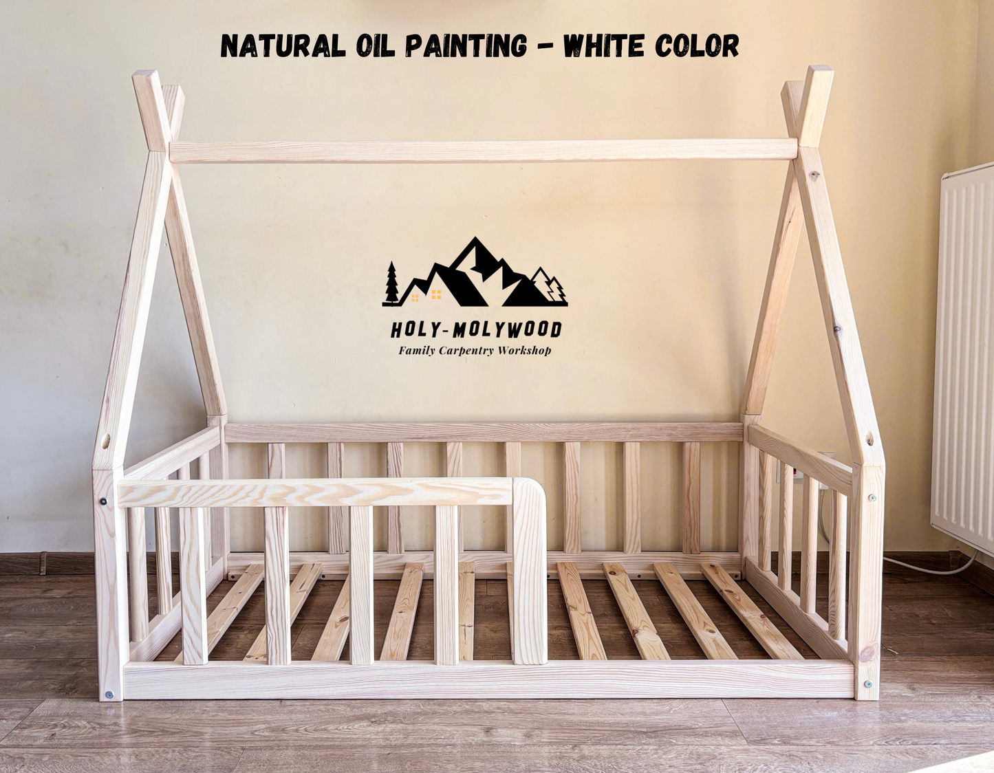 Montessori Teepee Toddler Bed – Wooden Floor Bed with Slats, Low Kids Bed Frame