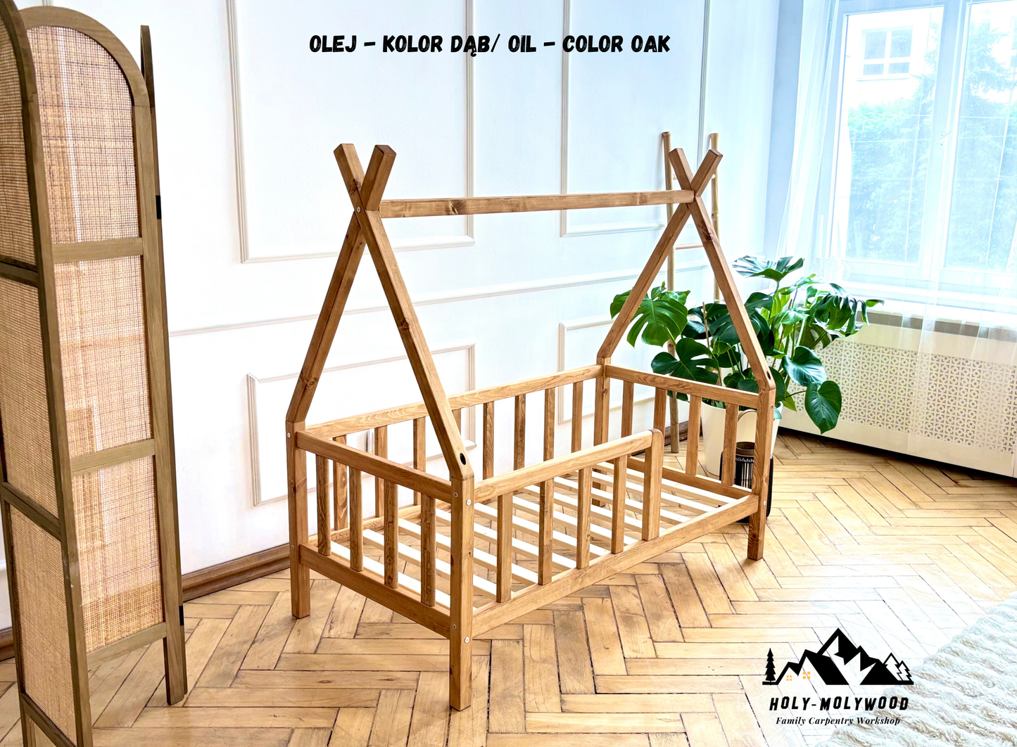 Montessori Teepee Toddler Bed with Legs – Low Wooden Bed, Color Oak Oil