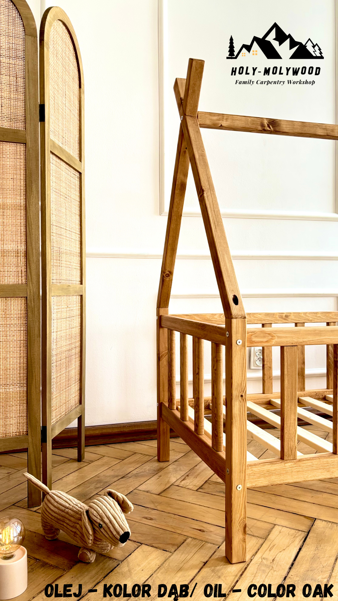 Montessori Teepee Toddler Bed with Legs – Low Wooden Bed, Color Oak Oil