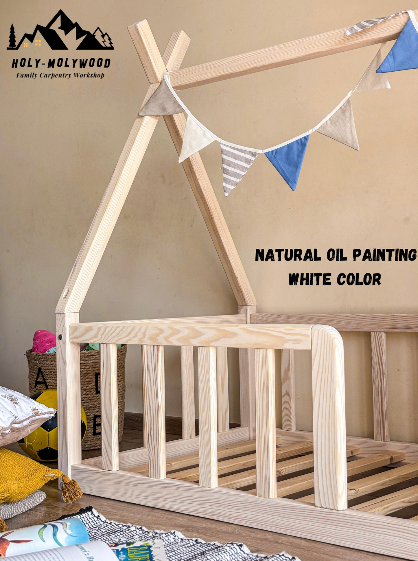 Montessori Teepee Toddler Bed – Wooden Floor Bed with Slats, Low Kids Bed Frame